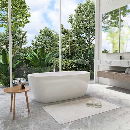 Altair Beyaz 60" Free Standing Acrylic Soaking Tub with Center Drain, Drain Assembly, and Overflow White