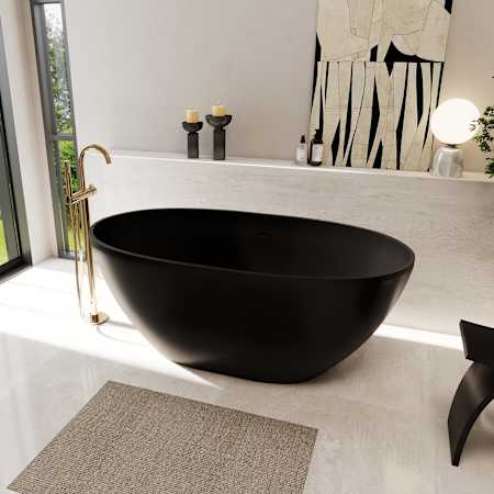 Altair Euston 55" Free Standing Solid Surface Soaking Tub with Center Drain, Drain Assembly, and Overflow Matte Black