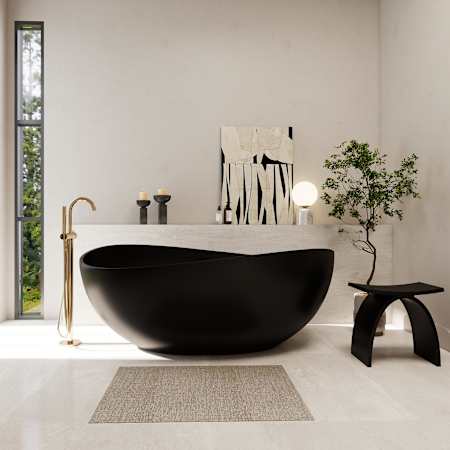 Altair Vespa 63" Free Standing Solid Surface Soaking Tub with Center Drain, Drain Assembly, and Overflow Matte Black