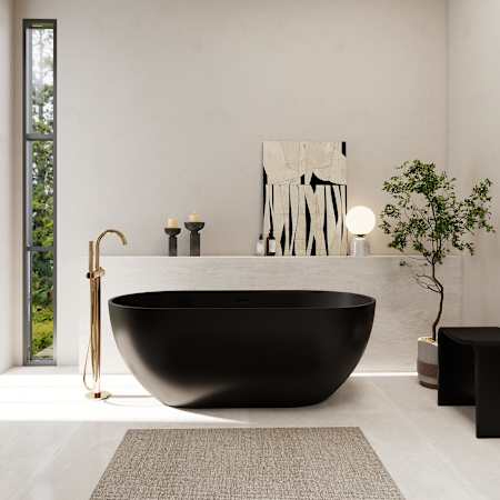 Altair Ryder 59" Free Standing Solid Surface Soaking Tub with Center Drain, Drain Assembly, and Overflow Matte Black