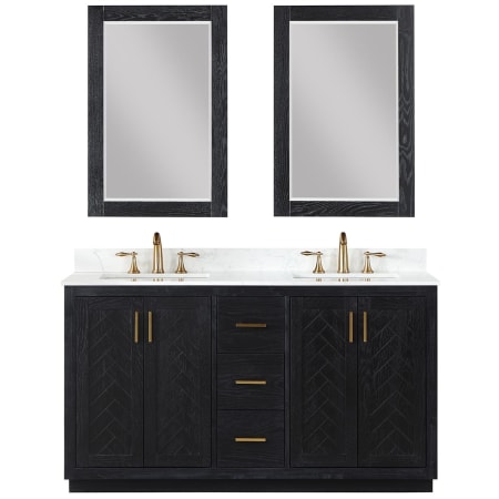 Altair Gazsi 60" Free Standing Double Basin Vanity Set with Cabinet, Stone Composite Vanity Top, and Framed Mirror Black Oak