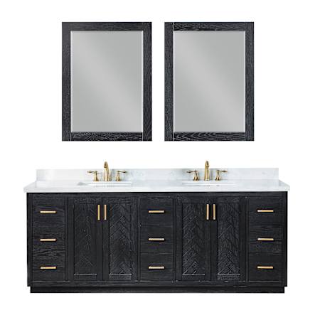 Altair Gazsi 84" Free Standing Double Basin Vanity Set with Cabinet, Engineered Stone Vanity Top, and Framed Mirror Black Oak