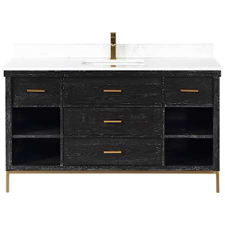 Altair Kesia 60" Free Standing Single Basin Vanity Set with Cabinet and Stone Composite Vanity Top Black Oak
