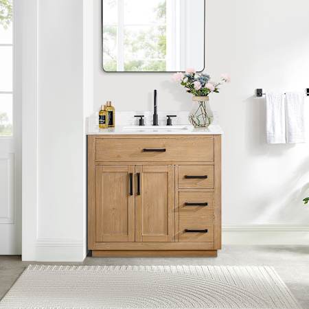 Altair Gavino 36" Free Standing Single Basin Vanity Set with Cabinet and Engineered Stone Vanity Top Light Brown