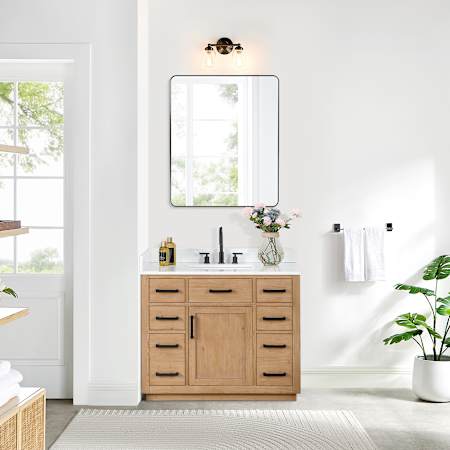 Altair Gavino 42" Free Standing Single Basin Vanity Set with Cabinet, Engineered Stone Vanity Top, and Framed Mirror Light Brown
