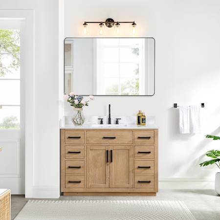 Altair Gavino 48" Free Standing Single Basin Vanity Set with Cabinet, Stone Composite Vanity Top, and Framed Mirror Light Brown