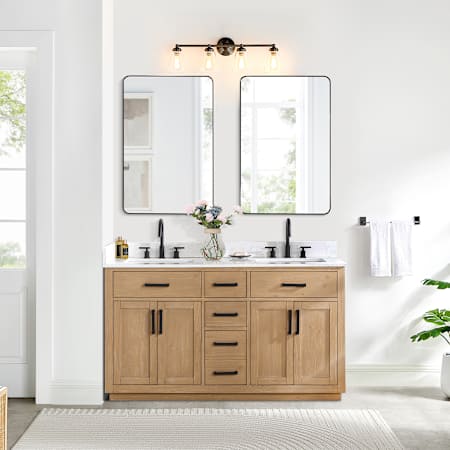 Altair Gavino 60" Free Standing Double Basin Vanity Set with Cabinet, Stone Composite Vanity Top, and Framed Mirror Light Brown