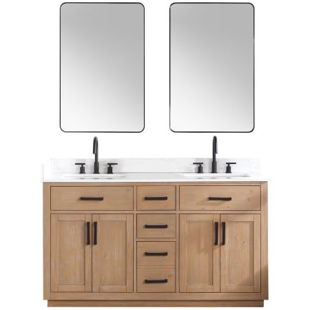 Altair Gavino 60" Free Standing Double Basin Vanity Set with Cabinet, Stone Composite Vanity Top, and Framed Mirror Light Brown