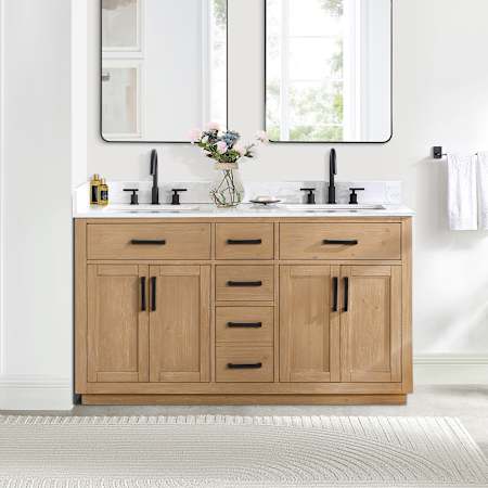 Altair Gavino 60" Free Standing Double Basin Vanity Set with Cabinet and Stone Composite Vanity Top Light Brown