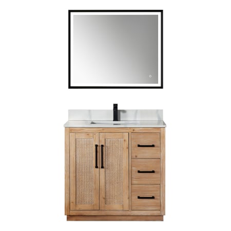 Altair Floral 36" Free Standing Single Basin Vanity Set with Cabinet, Quartz Vanity Top, and Framed Mirror Light Brown