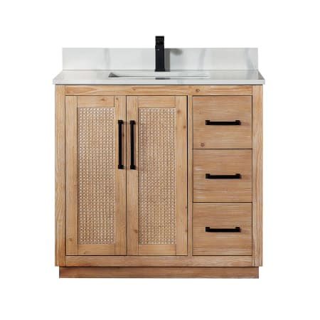 Altair Floral 36" Free Standing Single Basin Vanity Set with Cabinet and Quartz Vanity Top Light Brown