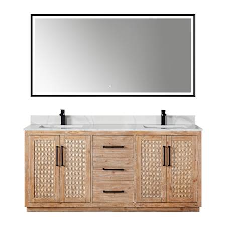 Altair Floral 72" Free Standing Double Basin Vanity Set with Cabinet, Quartz Vanity Top, and Framed Mirror Light Brown