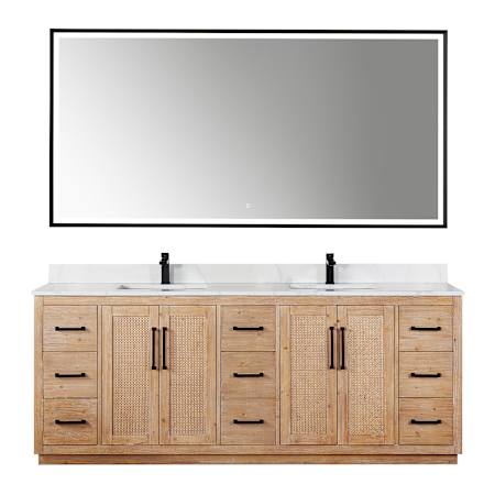Altair Floral 84" Free Standing Double Basin Vanity Set with Cabinet, Quartz Vanity Top, and Framed Mirror Light Brown