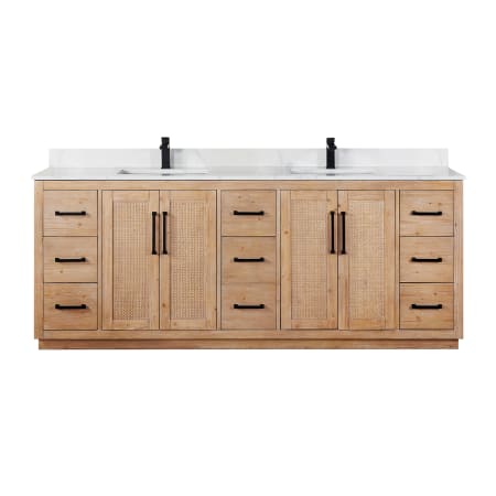 Altair Floral 84" Free Standing Double Basin Vanity Set with Cabinet and Quartz Vanity Top Light Brown