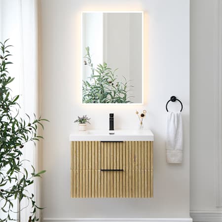 Altair Livia 30" Wall Mounted Single Basin Vanity Set with Cabinet, Engineered Stone Vanity Top, and Frameless Mirror Nature Brown