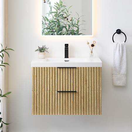 Altair Livia 30" Wall Mounted Single Basin Vanity Set with Cabinet and Engineered Stone Vanity Top Nature Brown