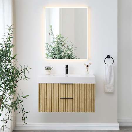 Altair Livia 36" Wall Mounted Single Basin Vanity Set with Cabinet, Engineered Stone Vanity Top, and Frameless Mirror Nature Brown