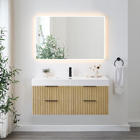 Altair Livia 48" Wall Mounted Single Basin Vanity Set with Cabinet, Engineered Stone Vanity Top, and Frameless Mirror Nature Brown