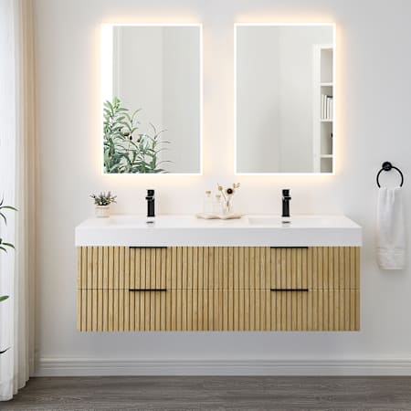 Altair Livia 60" Wall Mounted Double Basin Vanity Set with Cabinet, Engineered Stone Vanity Top, and Frameless Mirror Nature Brown
