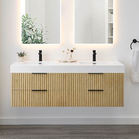 Altair Livia 60" Wall Mounted Double Basin Vanity Set with Cabinet and Engineered Stone Vanity Top Nature Brown