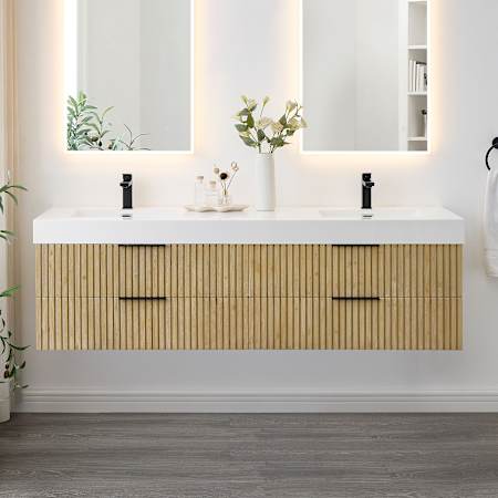 Altair Livia 72" Wall Mounted Double Basin Vanity Set with Cabinet and Engineered Stone Vanity Top Nature Brown