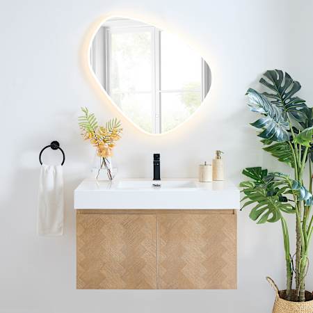 Altair Siena 36" Wall Mounted Single Basin Vanity Set with Cabinet, Engineered Stone Vanity Top, and Frameless Mirror Light Brown