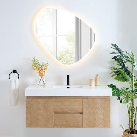 Altair Siena 48" Wall Mounted Single Basin Vanity Set with Cabinet, Engineered Stone Vanity Top, and Frameless Mirror Light Brown