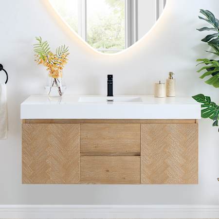 Altair Siena 48" Wall Mounted Single Basin Vanity Set with Cabinet and Engineered Stone Vanity Top Light Brown