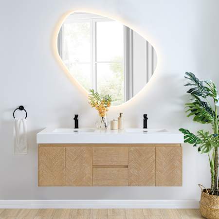 Altair Siena 60" Wall Mounted Double Basin Vanity Set with Cabinet, Engineered Stone Vanity Top, and Frameless Mirror Light Brown