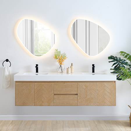 Altair Siena 72" Wall Mounted Double Basin Vanity Set with Cabinet, Engineered Stone Vanity Top, and Frameless Mirror Light Brown