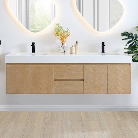 Altair Siena 72" Wall Mounted Double Basin Vanity Set with Cabinet and Engineered Stone Vanity Top Light Brown