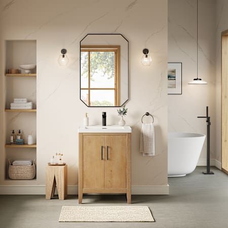 Altair Solara 24" Free Standing Single Basin Vanity Set with Cabinet, Ceramic Vanity Top, and Framed Mirror Weathered Fir
