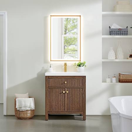 Altair Cerrito 30" Free Standing Single Basin Vanity Set with Cabinet, Engineered Stone Vanity Top, and Framed Mirror Brown Brushed Oak