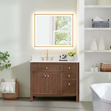 Altair Cerrito 42" Free Standing Single Basin Vanity Set with Cabinet, Engineered Stone Vanity Top, and Framed Mirror Brown Brushed Oak