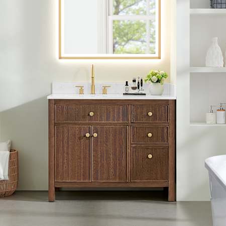 Altair Cerrito 42" Free Standing Single Basin Vanity Set with Cabinet and Engineered Stone Vanity Top Brown Brushed Oak