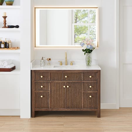 Altair Cerrito 48" Free Standing Single Basin Vanity Set with Cabinet, Engineered Stone Vanity Top, and Framed Mirror Brown Oak