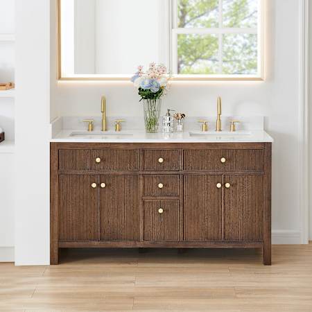 Altair Cerrito 60" Free Standing Double Basin Vanity Set with Cabinet and Engineered Stone Vanity Top Brown Oak