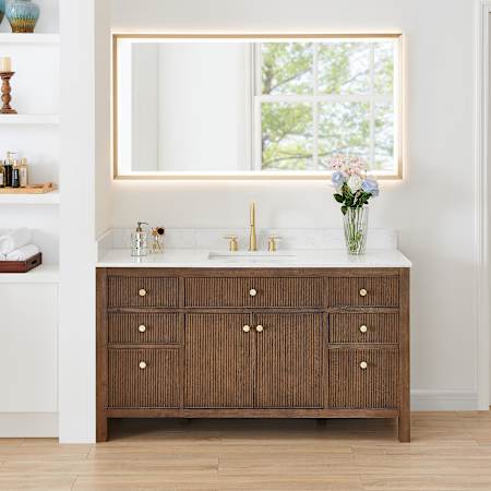 Altair Cerrito 60" Free Standing Single Basin Vanity Set with Cabinet, Engineered Stone Vanity Top, and Framed Mirror Brown Oak