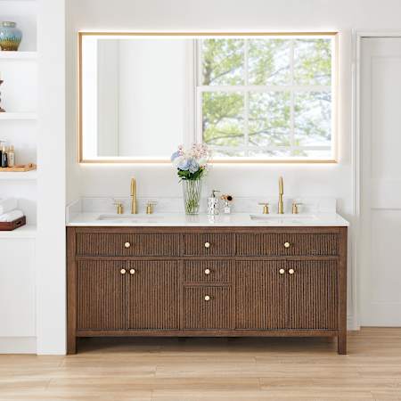 Altair Cerrito 72" Free Standing Double Basin Vanity Set with Cabinet, Engineered Stone Vanity Top, and Framed Mirror Brown Oak
