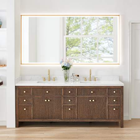 Altair Cerrito 84" Free Standing Double Basin Vanity Set with Cabinet, Engineered Stone Vanity Top, and Framed Mirror Brown Oak