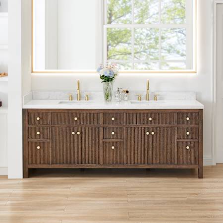 Altair Cerrito 84" Free Standing Double Basin Vanity Set with Cabinet and Engineered Stone Vanity Top Brown Oak