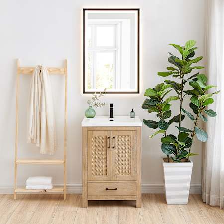 Altair Bondi 24" Free Standing Single Basin Vanity Set with Cabinet, Ceramic Vanity Top, and Framed Mirror Light Brown