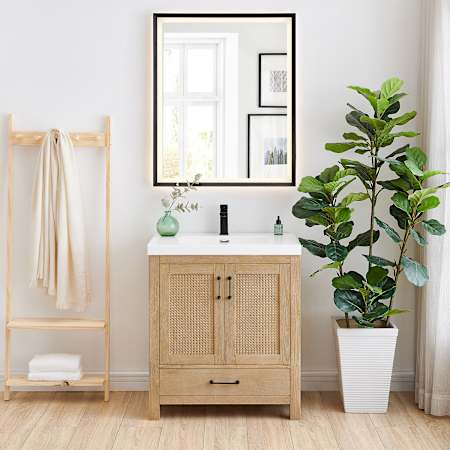 Altair Bondi 30" Free Standing Single Basin Vanity Set with Cabinet, Engineered Stone Vanity Top, and Framed Mirror Light Brown