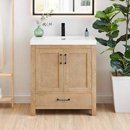 Altair Bondi 30" Free Standing Single Basin Vanity Set with Cabinet and Engineered Stone Vanity Top Light Brown