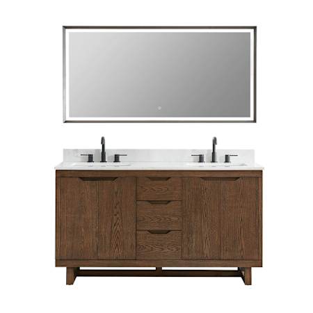 Altair Mowry 60" Free Standing Double Basin Vanity Set with Cabinet, Engineered Stone Vanity Top, and Framed Mirror Brown Brushed Oak