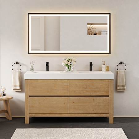 Altair Cascadia 60" Free Standing Double Basin Vanity Set with Cabinet, Engineered Stone Vanity Top, and Framed Mirror Weathered Fir