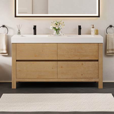 Altair Cascadia 60" Free Standing Double Basin Vanity Set with Cabinet and Engineered Stone Vanity Top Weathered Fir
