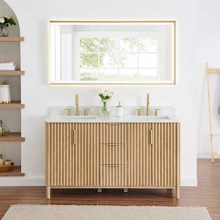 Altair Sierra 60" Free Standing Double Basin Vanity Set with Cabinet, Engineered Stone Vanity Top, and Framed Mirror Washed Light Brown