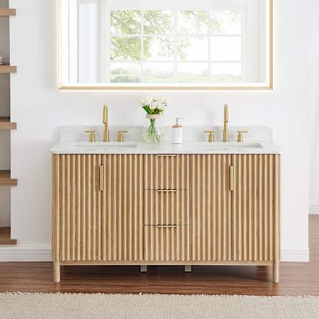Altair Sierra 60" Free Standing Double Basin Vanity Set with Cabinet and Engineered Stone Vanity Top Washed Light Brown