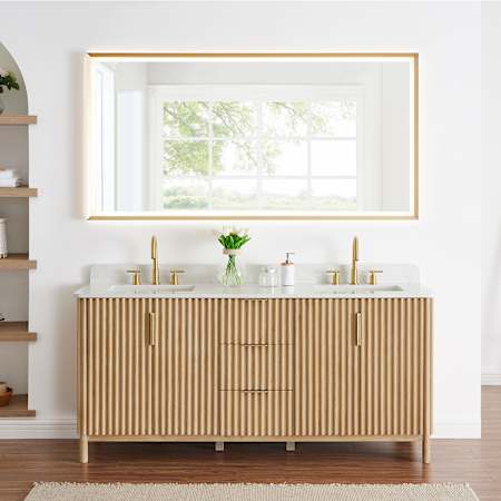 Altair Sierra 72" Free Standing Double Basin Vanity Set with Cabinet, Engineered Stone Vanity Top, and Framed Mirror Washed Light Brown